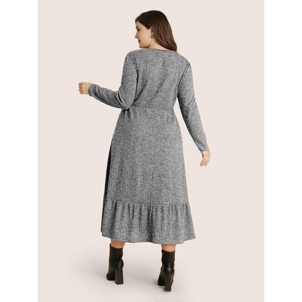 Plus Size Solid Pocket Rib Knit Ruffle Hem Dress Without Belt Mediumgray Women Basics Non Round Neck Long Sleeve Curvy Midi Dress BloomChic 10/M Product Image