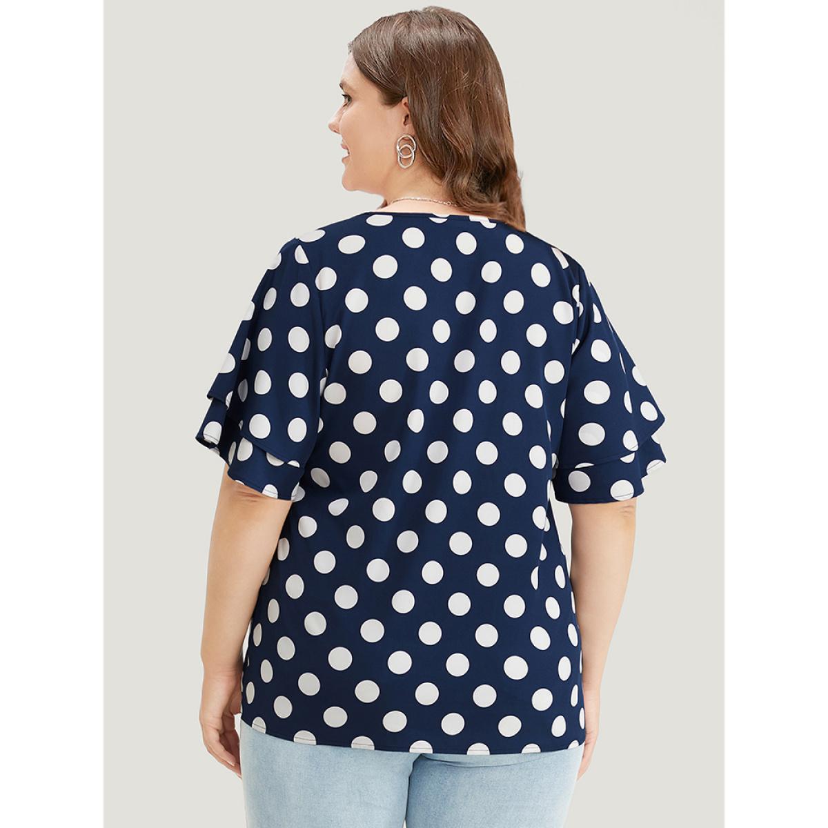 Plus Size Indigo Polka Dot Ruffle Tiered Sleeve Blouse Women Office Short sleeve Round Neck Office Blouses BloomChic 10/M Product Image