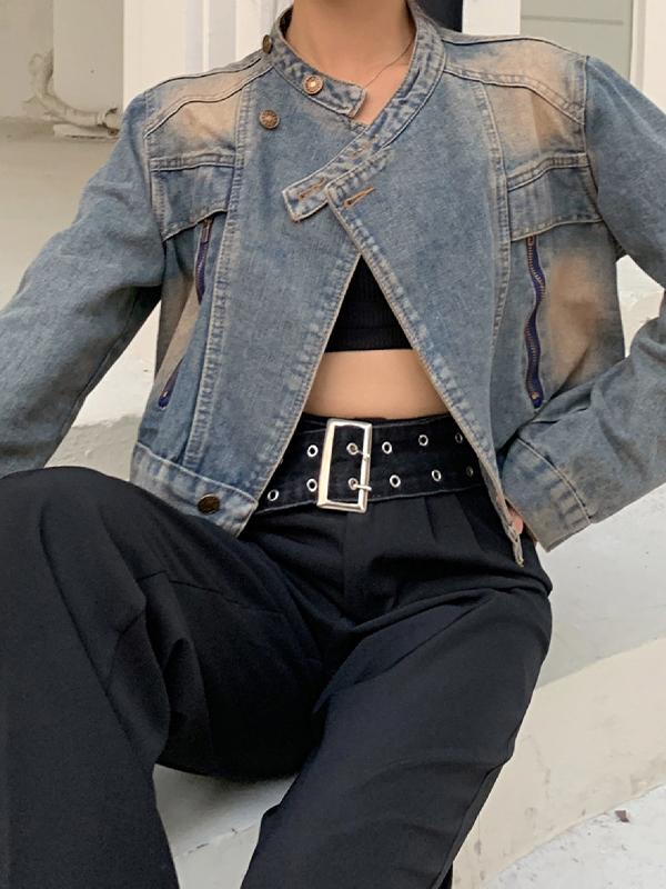 Vintage Distressed Splice Zip Up Short Denim Jacket Product Image