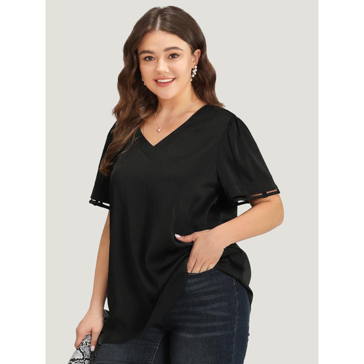 Plus Size Purple Plain Cut Out V Neck Blouse Women Office Short sleeve V-neck Work Blouses BloomChic 30/6X Product Image