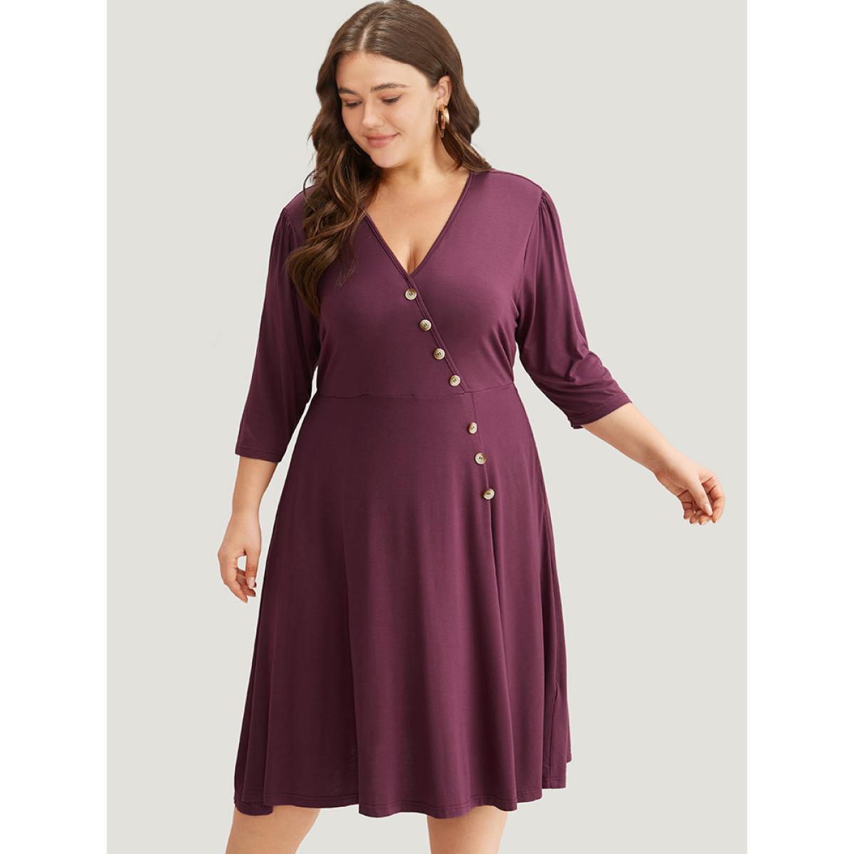 Plus Size Asymmetrical Button Detail Ruffle Hem Dress Purple Women Office Plain V-neck Elbow-length sleeve Curvy Midi Dress BloomChic 26/4X Product Image