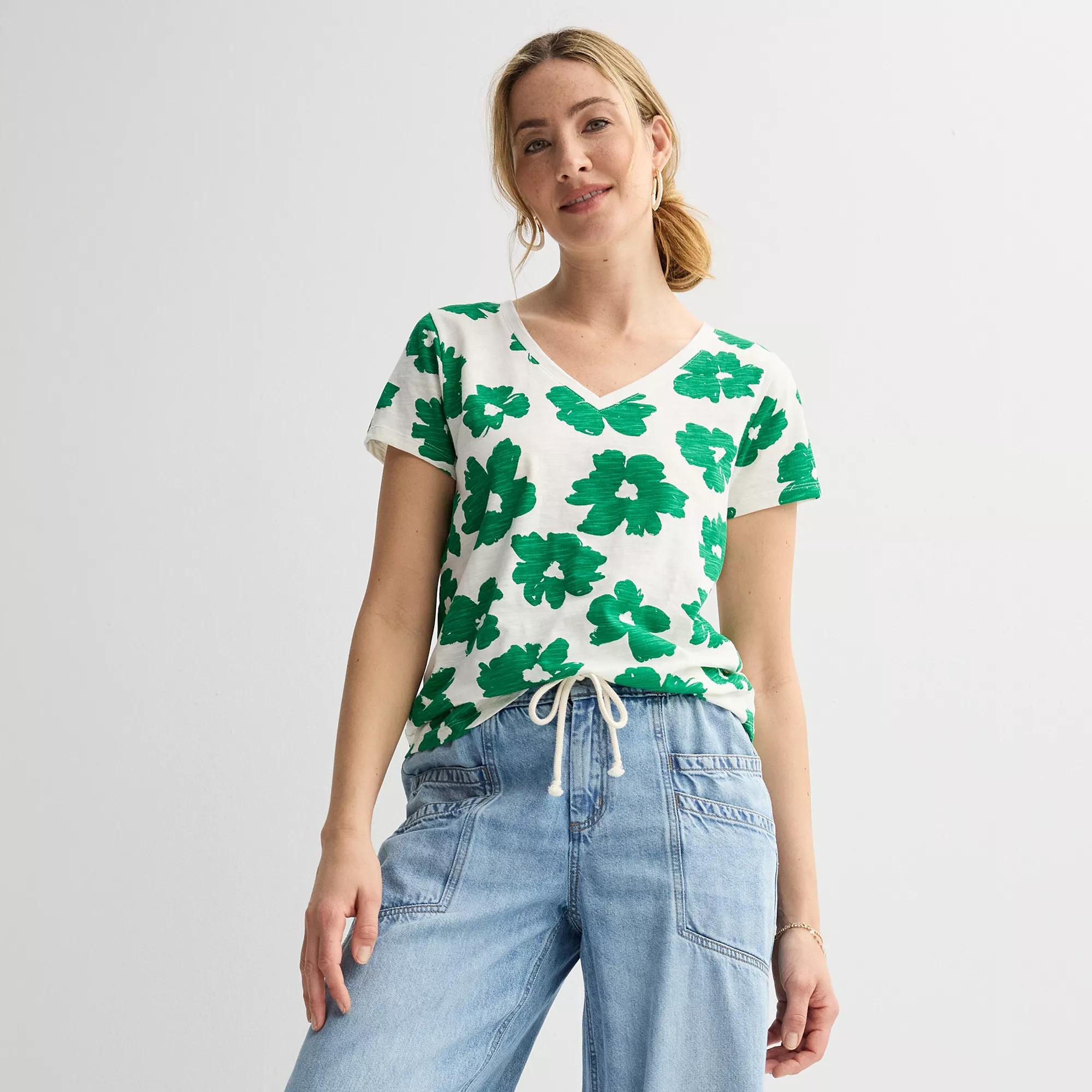 Women's Sonoma Goods For Life® Everyday Short Sleeve V-Neck Tee, Size: Small, White Green Floral Product Image