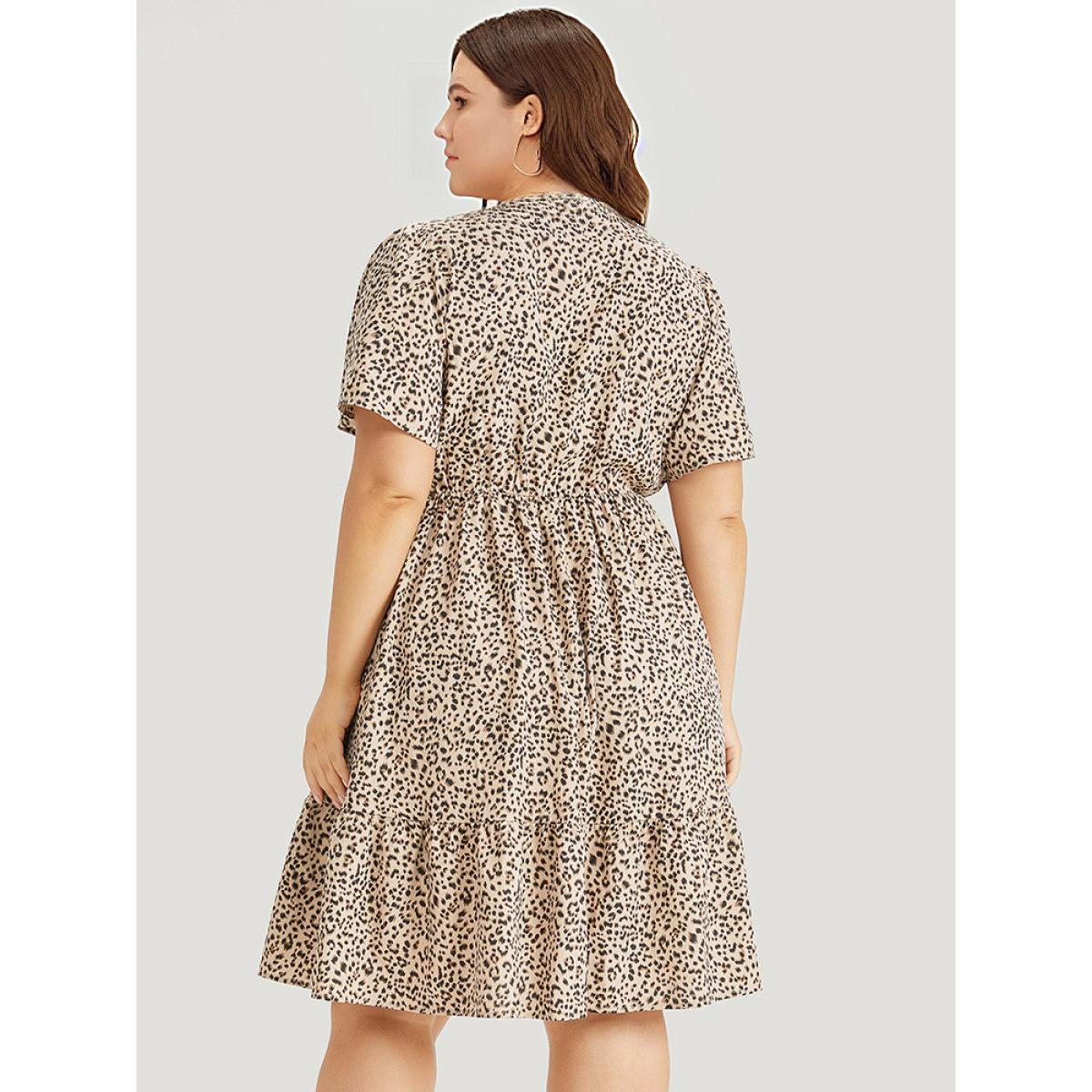 Plus Size Leopard Notched Pocket Gathered Ruffle Layered Hem Dress LightBrown Women Elegant Notched collar Short sleeve Curvy Knee Dress BloomChic 10/M Product Image