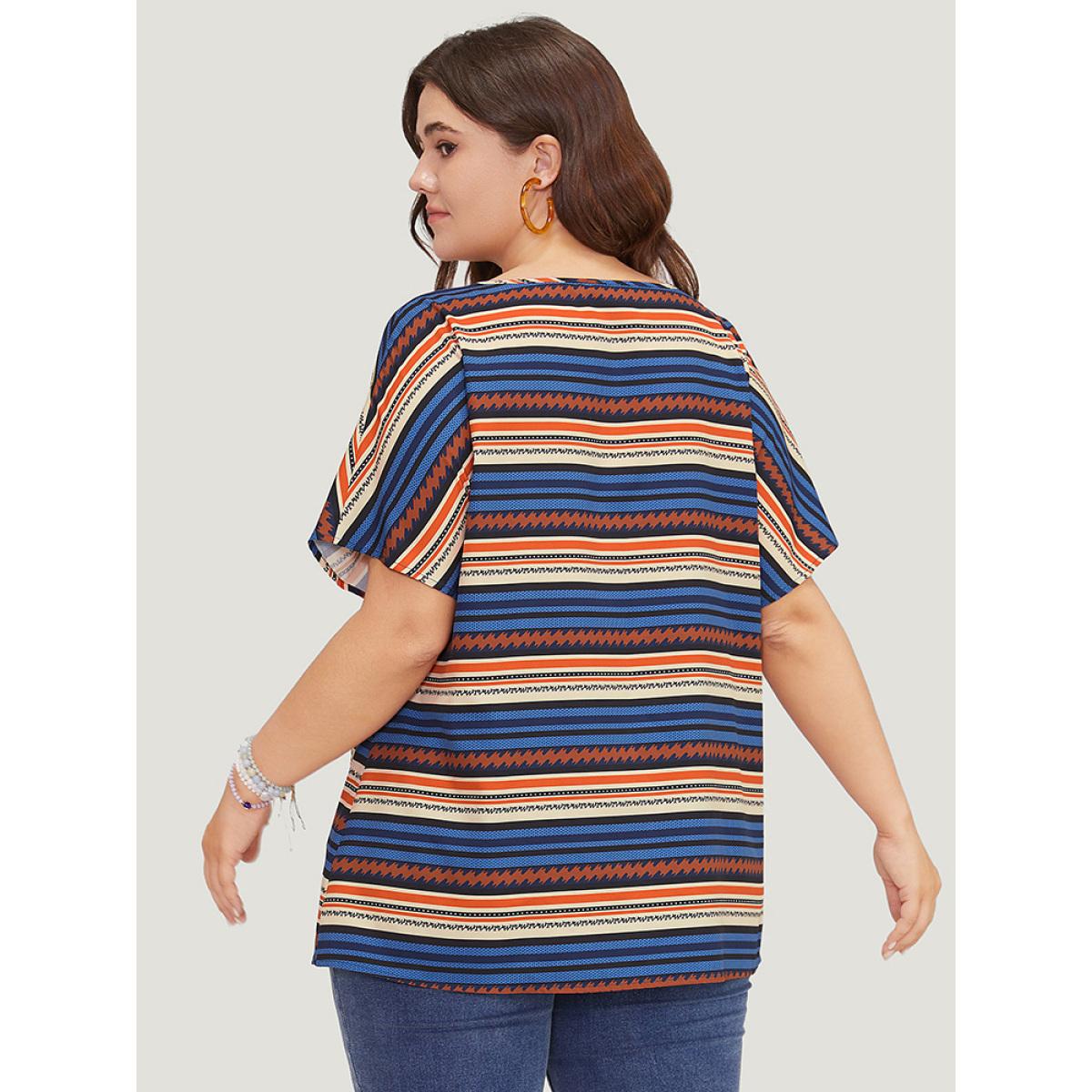 Plus Size Multicolor Striped Contrast Button Detail Batwing Sleeve Blouse Women Elegant Short sleeve V-neck Dailywear Blouses BloomChic 30/6X Product Image