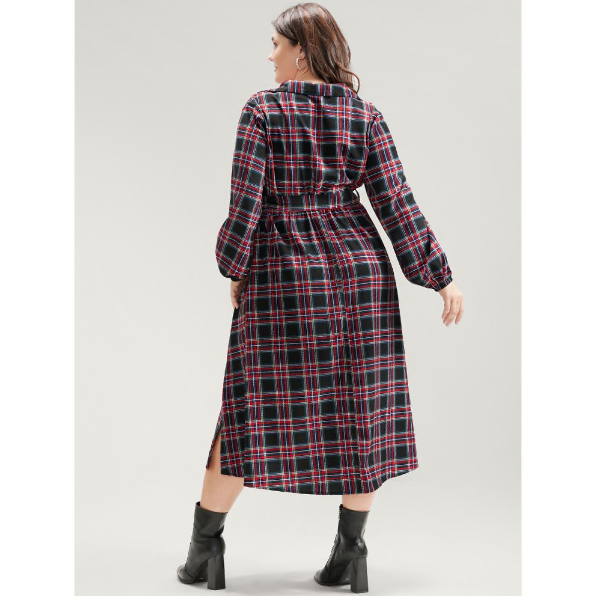 Plus Size Tartan Lantern Sleeve Pocket Belted Midi Dress Russet Women Elegant Elastic Waist Lapel Collar Long Sleeve Curvy Midi Dress BloomChic 14-16/1X Product Image
