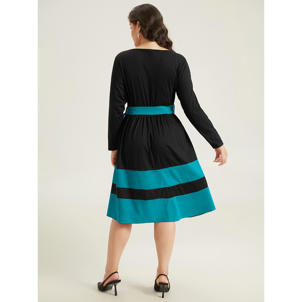 Plus Size Two Tone Belted Bowknot Square Neck Dress Teal Women Elegant Non Square Neck Long Sleeve Curvy Knee Dress BloomChic 28/5X Product Image