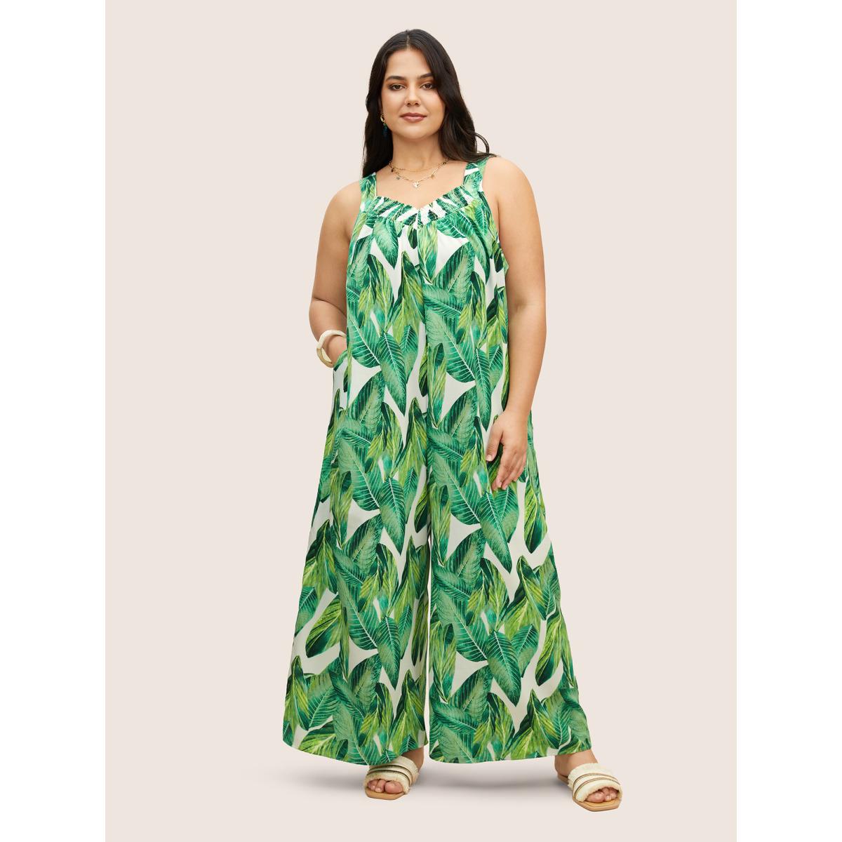 Plus Size Green Tropical Print Shirred Side Seam Pocket Jumpsuit Women Resort Sleeveless Non Vacation Loose Jumpsuits BloomChic 30/6X Product Image