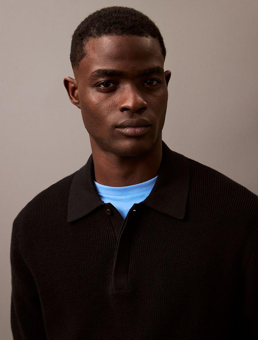 Smooth Cotton Waffle Sweater Polo Shirt Product Image