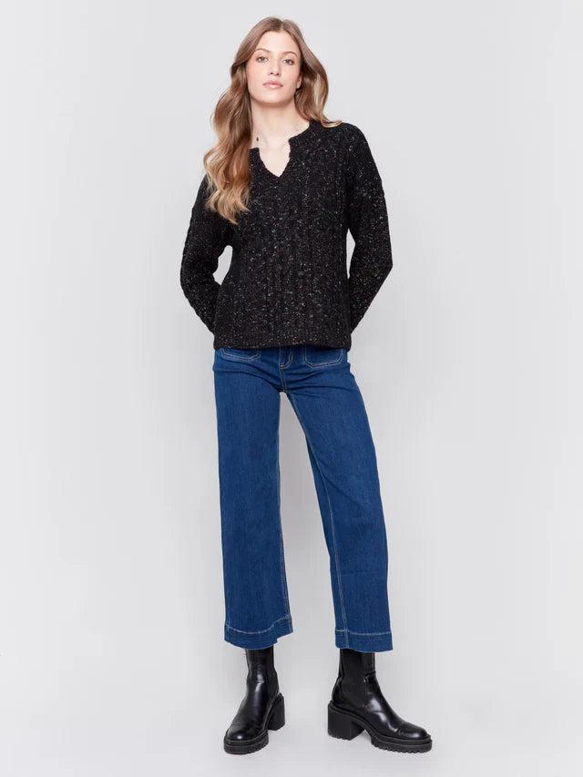 Speckled Yarn Cable Knit Sweater - Black Product Image