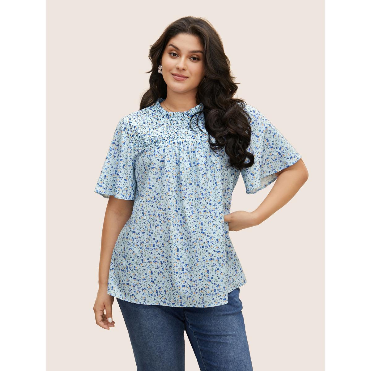 Plus Size Azure Ditsy Floral Plicated Detail Frill Trim Blouse Women Elegant Short sleeve Round Neck Everyday Blouses BloomChic 30/6X Product Image