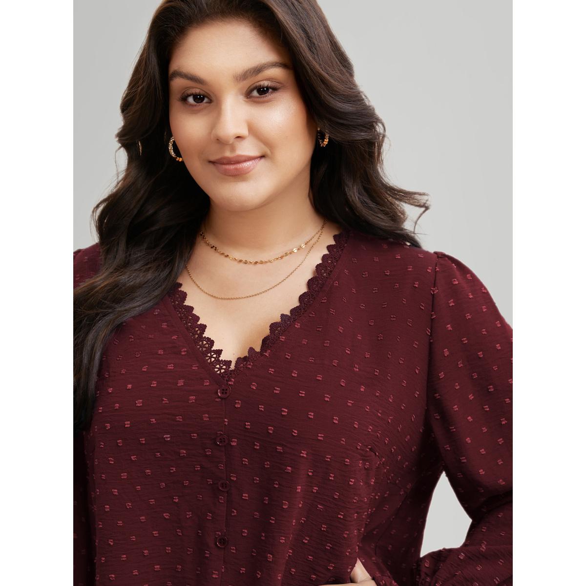 Plus Size Burgundy Textured Lace Trim Patchwork Ruffles Blouse Women Elegant Long Sleeve V-neck Everyday Blouses BloomChic 28/5X Product Image