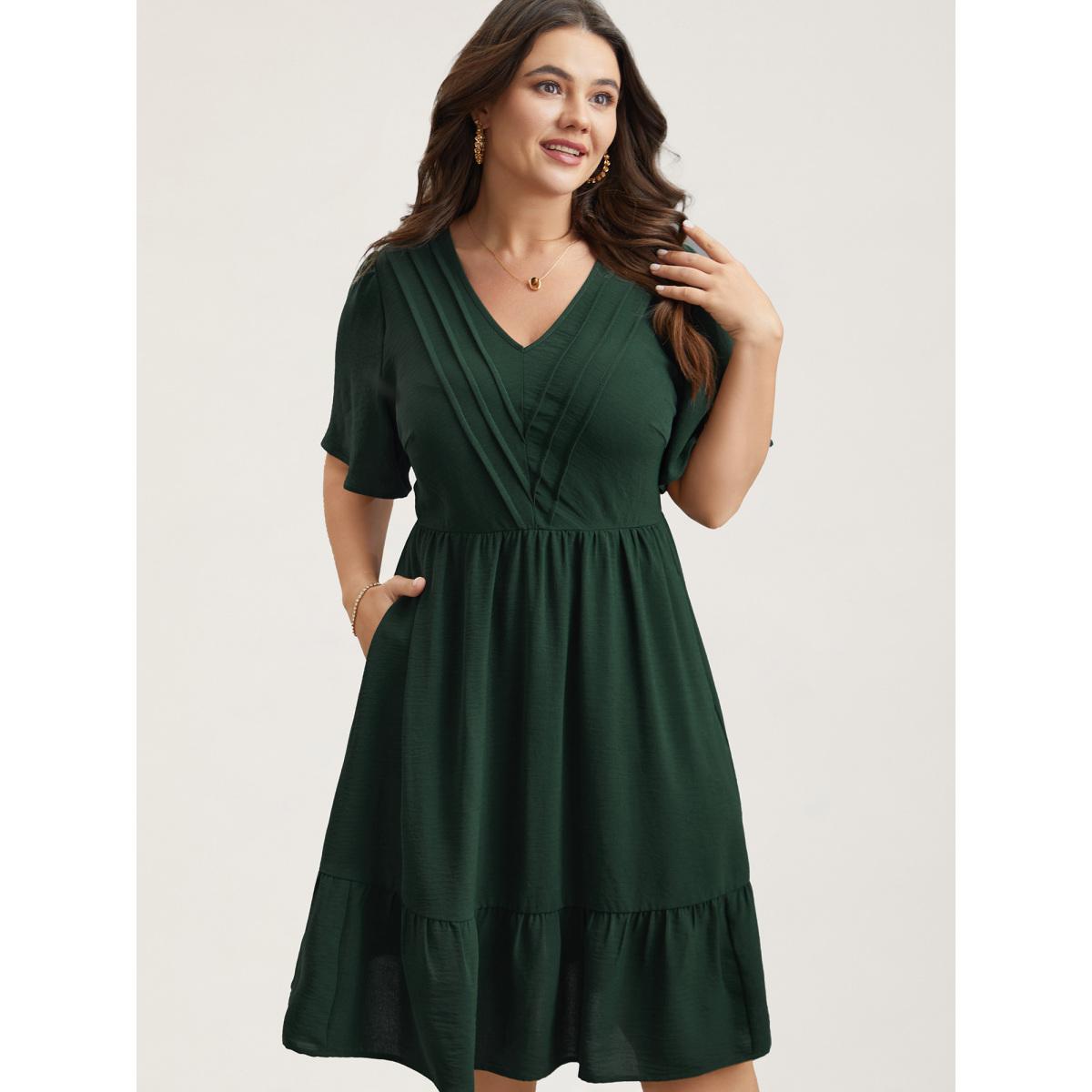 Plus Size Bib-Front V-Neck Pockets Tiered Midi Dress DarkGreen Women Timeless Tucked seam V-neck Short sleeve Curvy BloomChic 18-20/2X Product Image