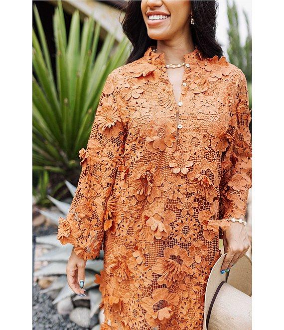 J.Marie Seraphina Floral 3D Lace Split Round Button Up Neck Long Sleeve Shift Dress Product Image
