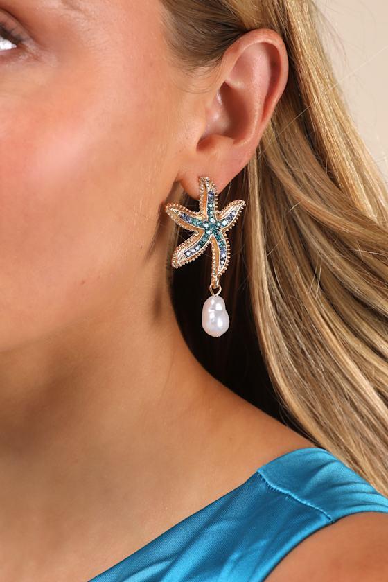 Asterina Blue and Gold Rhinestone Starfish Earrings Product Image