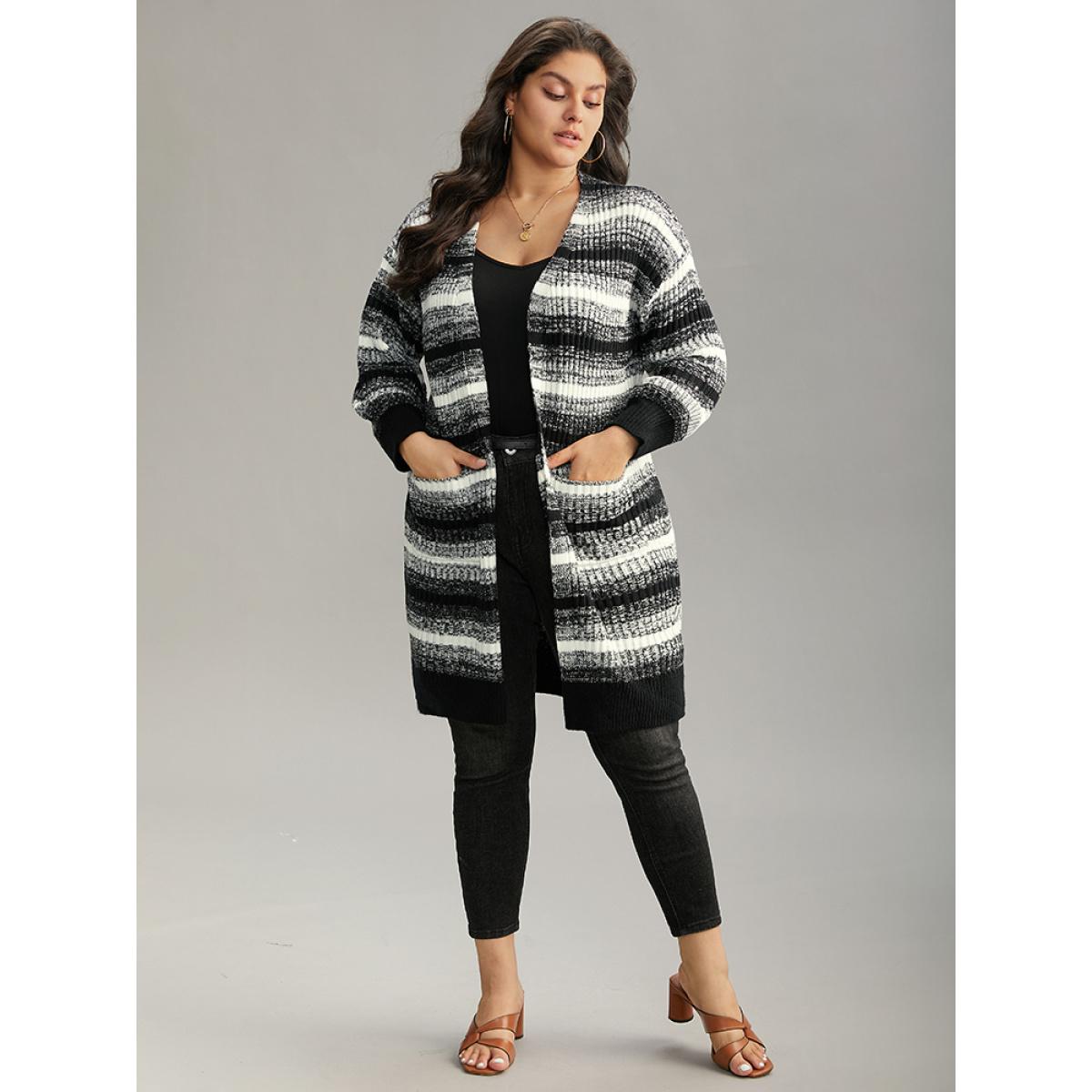 Plus Size Ombre Heather Patched Pocket Cardigan Black Women Casual Loose Long Sleeve Everyday Cardigans BloomChic 14-16/1X Product Image