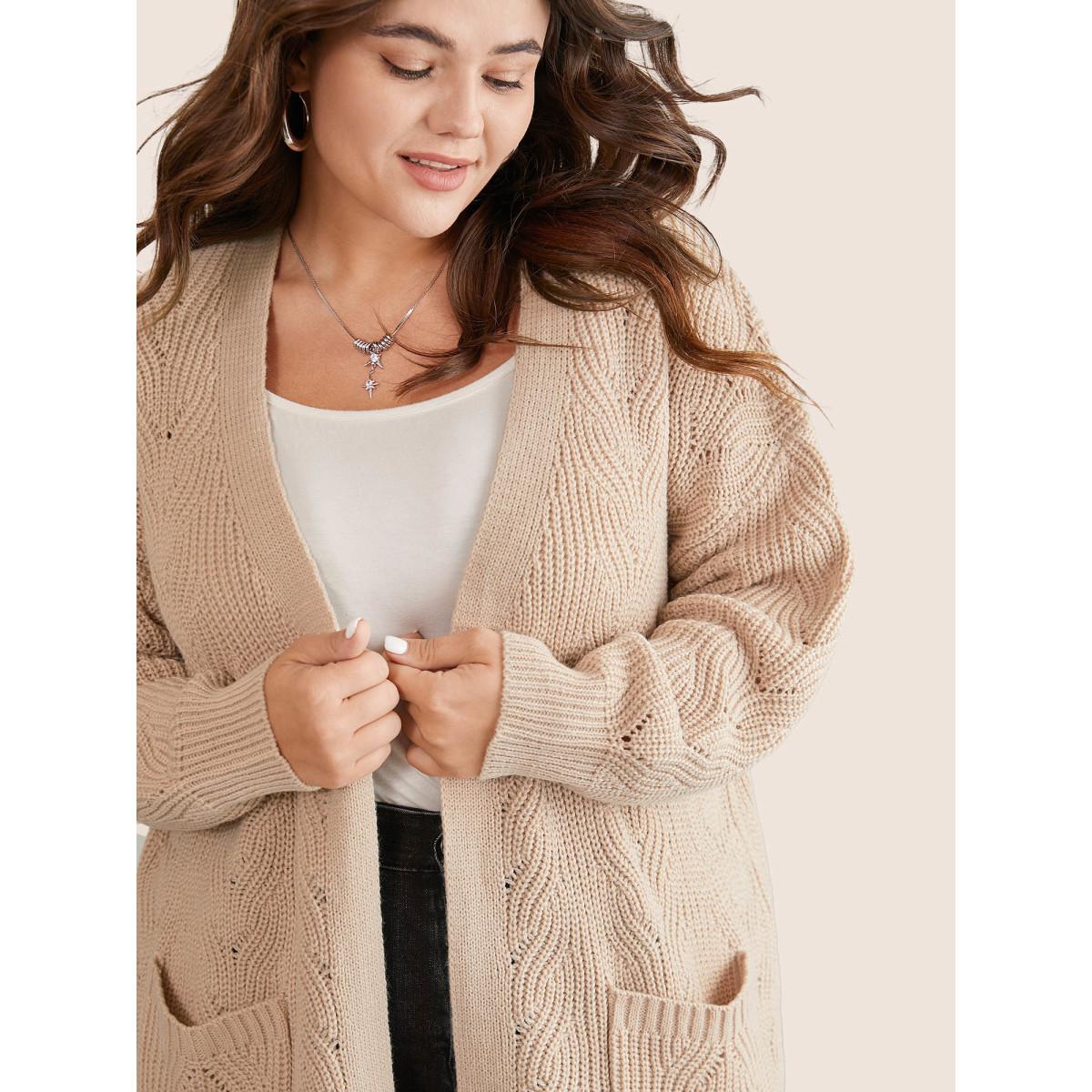 Plus Size Solid Textured Cable Knit Hollow Out Cardigan Champagne Women Casual Loose Long Sleeve Everyday Cardigans BloomChic 30/6X Product Image