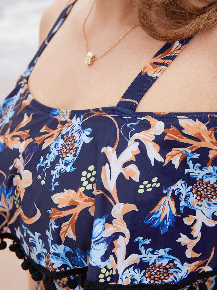 Floral Pompom Trim Cold Shoulder One Piece Swimsuit Female Product Image