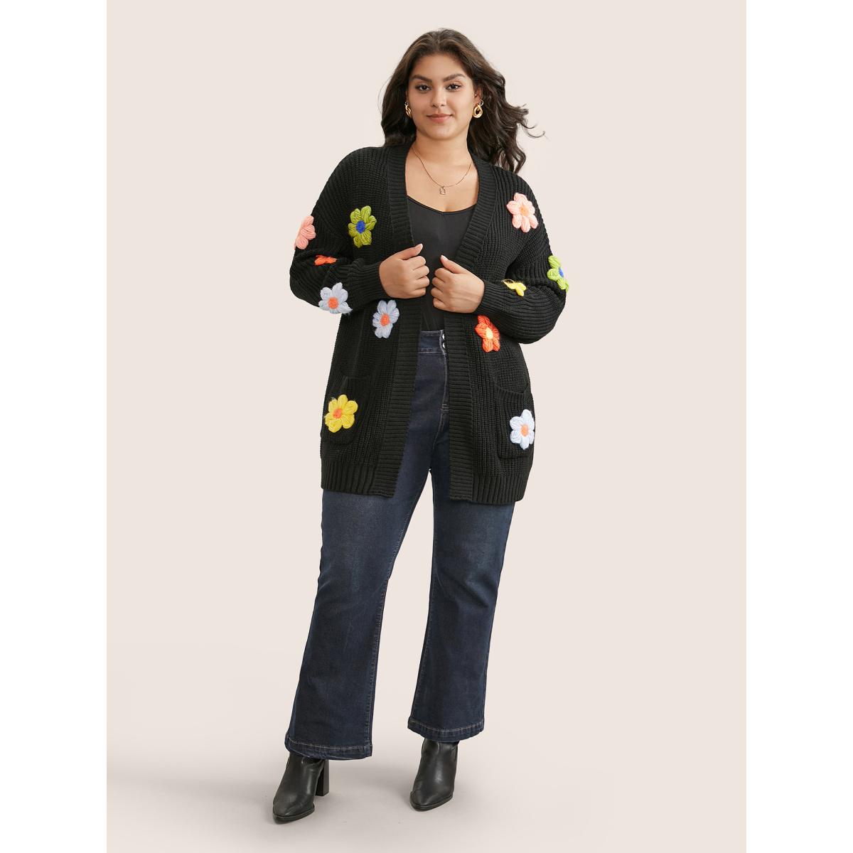 Plus Size Rainbow Floral Pocket Open Front Cardigan Black Women Playful Long Sleeve Casual Cardigans BloomChic 26/4X Product Image