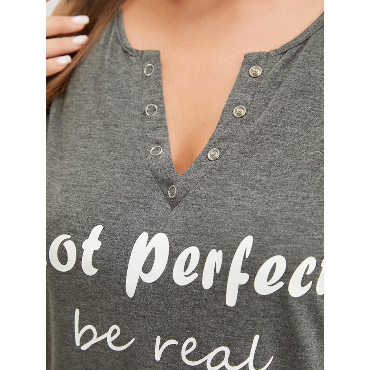 Plus Size Letter Print Button Notched Tank Top Women DarkGray Casual Printed Dailywear Tank Tops Camis BloomChic 14-16/1X Product Image