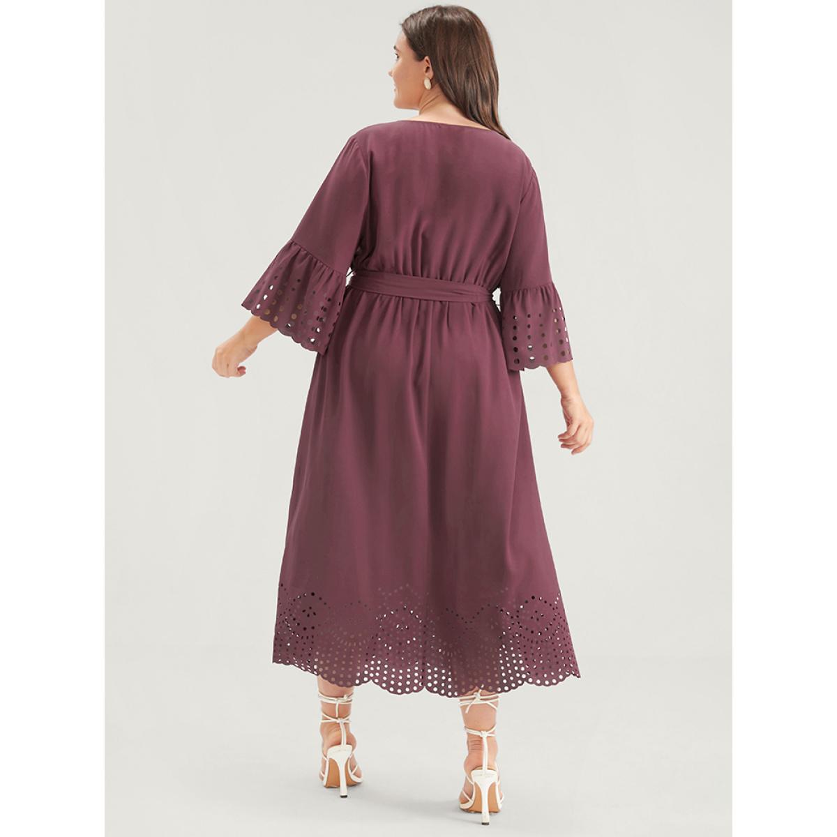 Plus Size Plain Scalloped Ruffles Pocket Laser Cut Belted Wrap Dress DustyPink Women Elegant Belted V-neck Elbow-length sleeve Curvy Midi Dress BloomChic 12/L Product Image