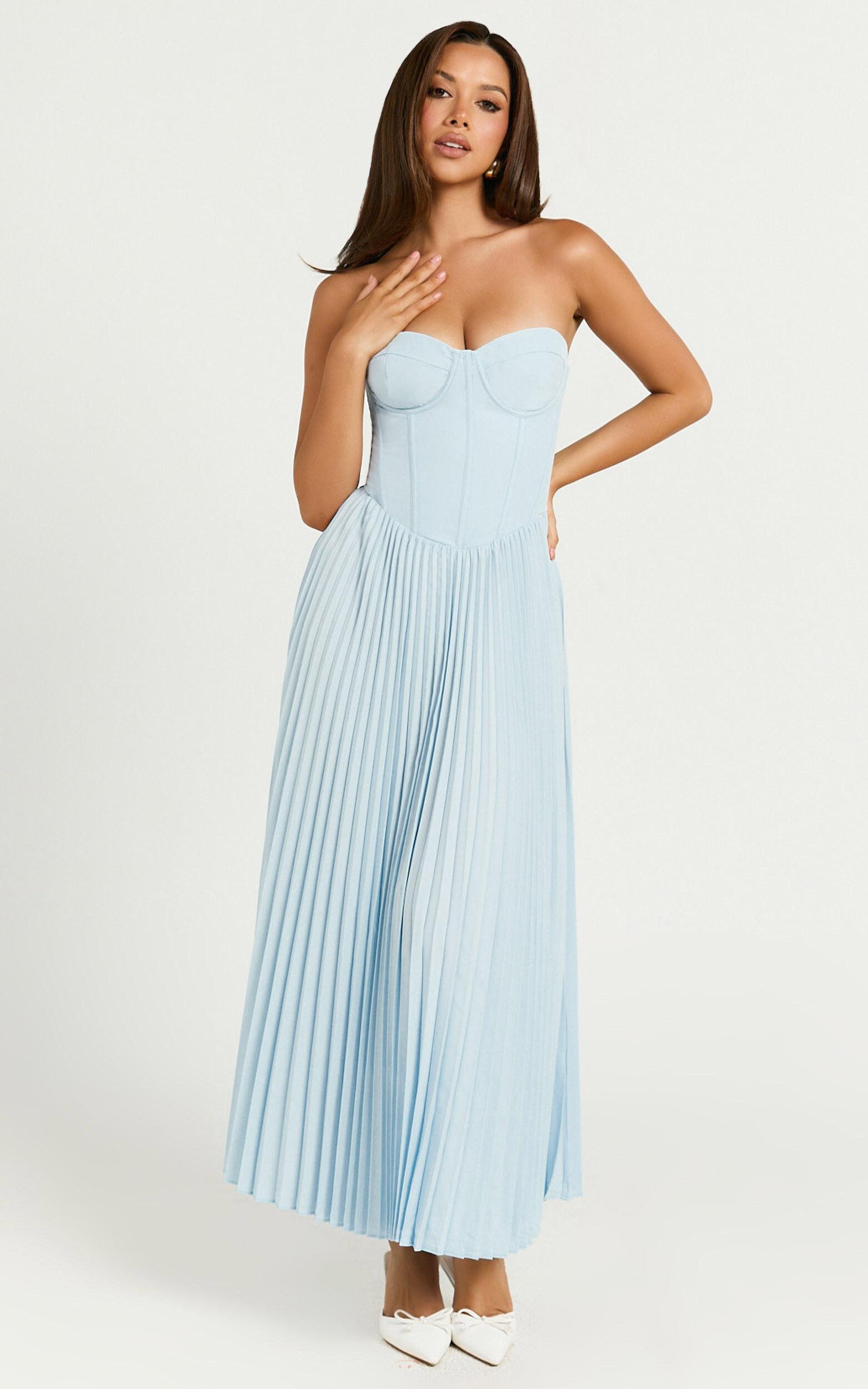 Loretta Midi Dress - Lace Up Back Bustier Pleated Dress in Light Blue Product Image