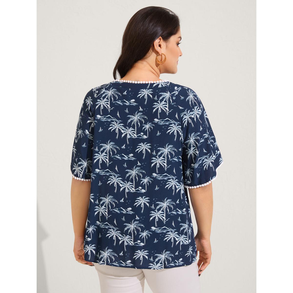 Plus Size Indigo Tropical Print Lace Trim Flowy Blouse Women Short sleeve V-neck Vacation Blouses BloomChic 14-16/1X Product Image