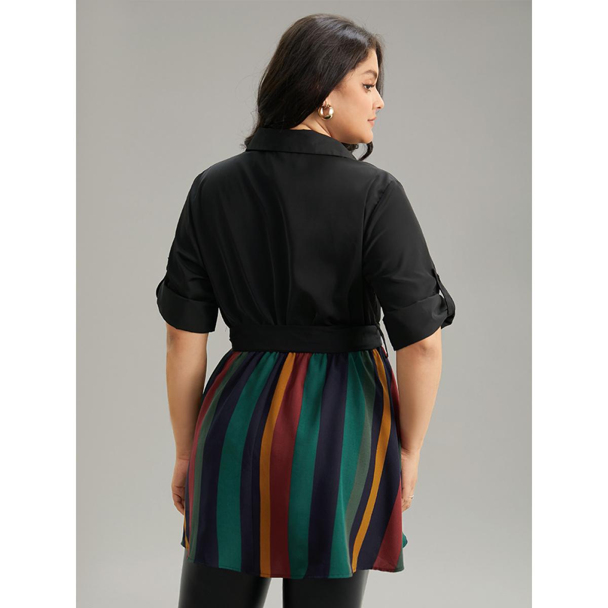 Plus Size Black Colour Striped Patchwork Belted Tab Sleeve Blouse Women Office Elbow-length sleeve Shirt collar Office Blouses BloomChic 22-24/3X Product Image
