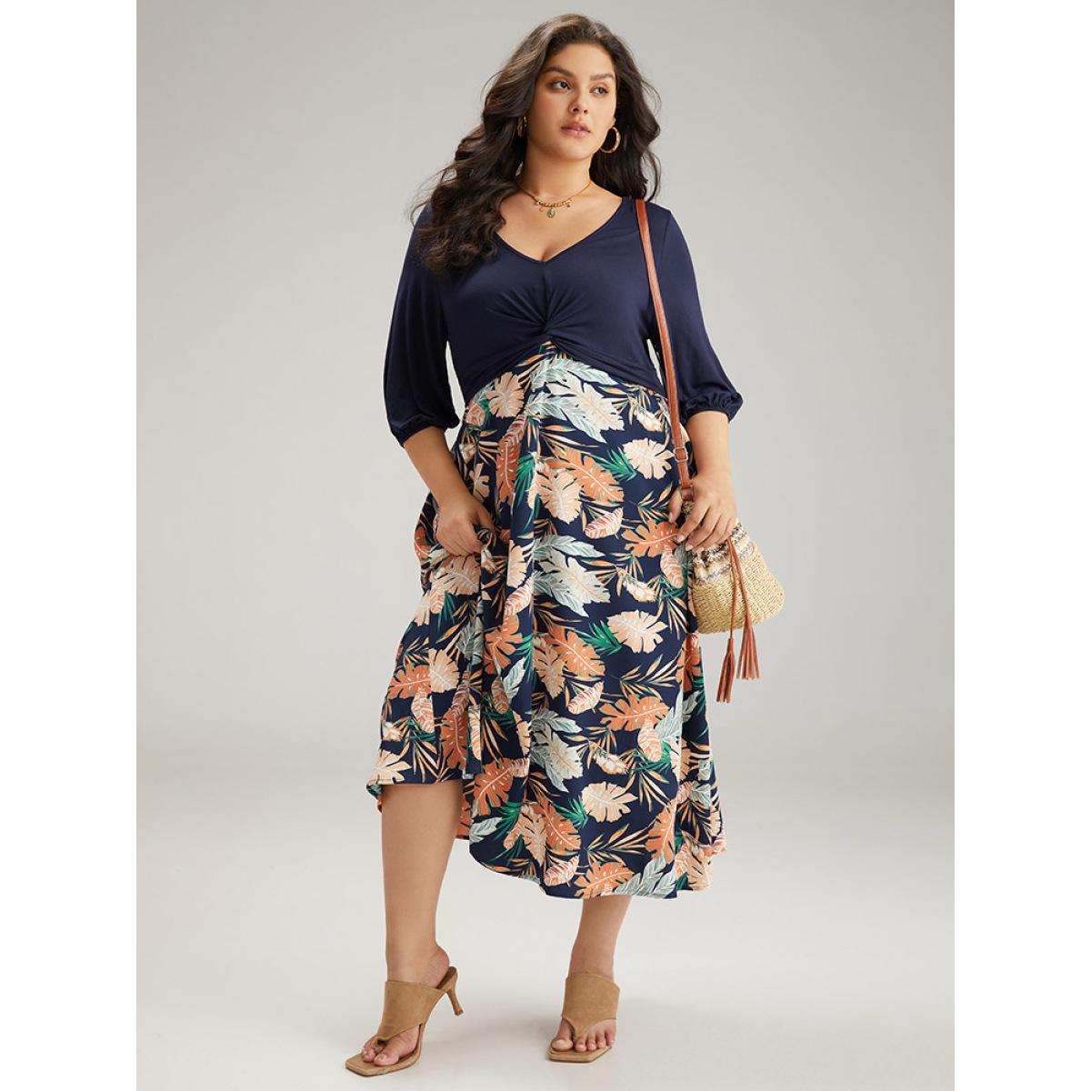 Plus Size Plants Print Patchwork Twist Front Pocket Dress DarkBlue Women Vacation Elastic cuffs V-neck Half Sleeve Curvy Midi Dress BloomChic 14-16/1X Product Image