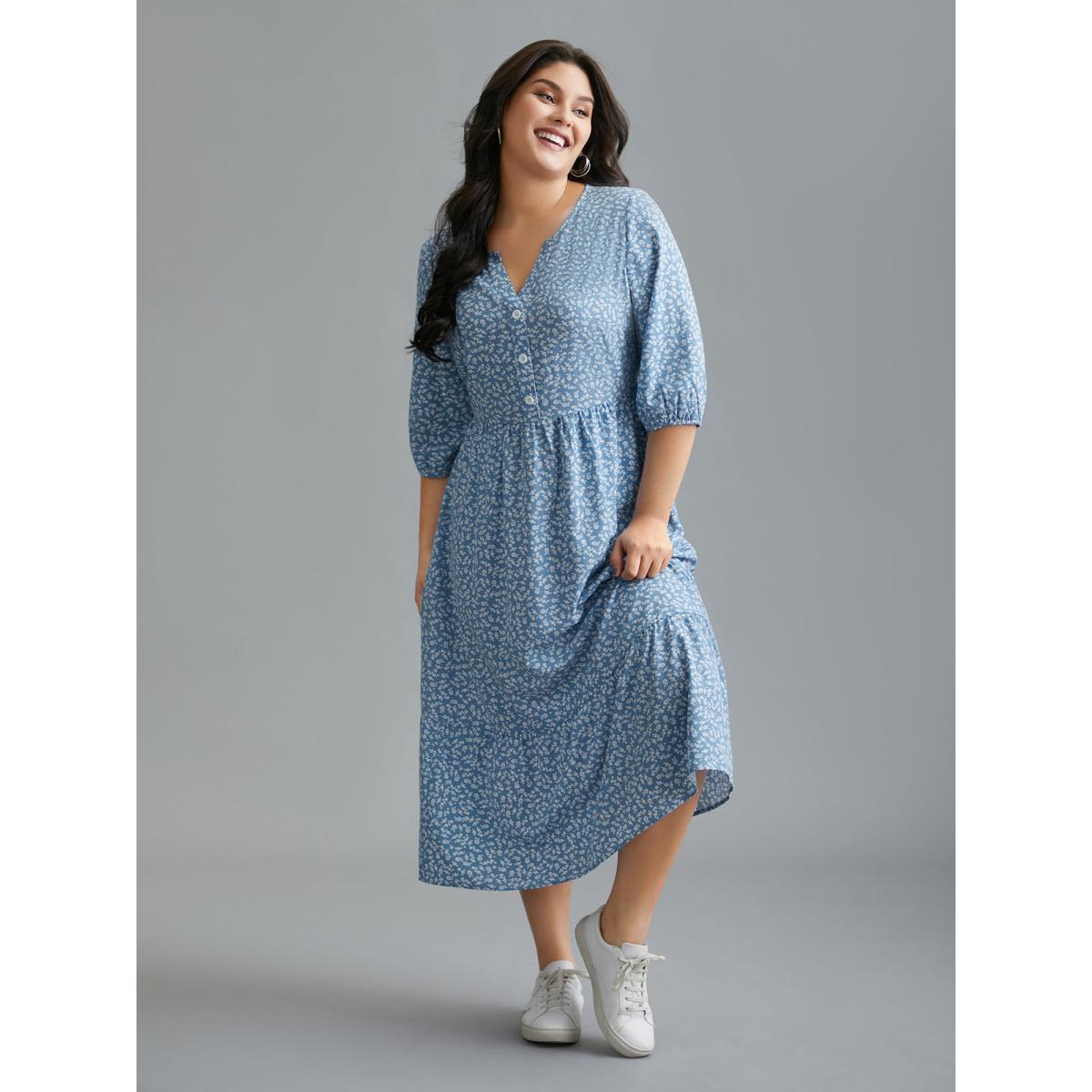 Plus Size Notched Ditsy Floral Button Midi Dress Mediumblue Women Casual Button Notched collar Elbow-length sleeve Curvy BloomChic 28/5X Product Image