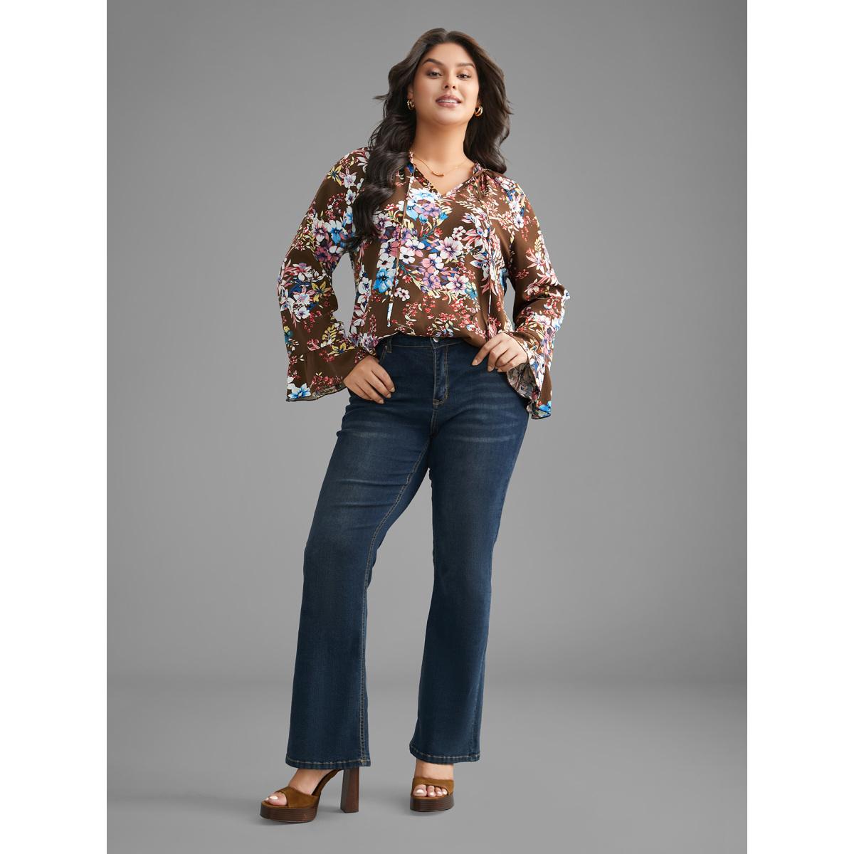 Plus Size Browncoffeecolor Floral Tie Knot Flutter Sleeve Blouse Women Elegant Long Sleeve V-neck Everyday Blouses BloomChic 28/5X Product Image