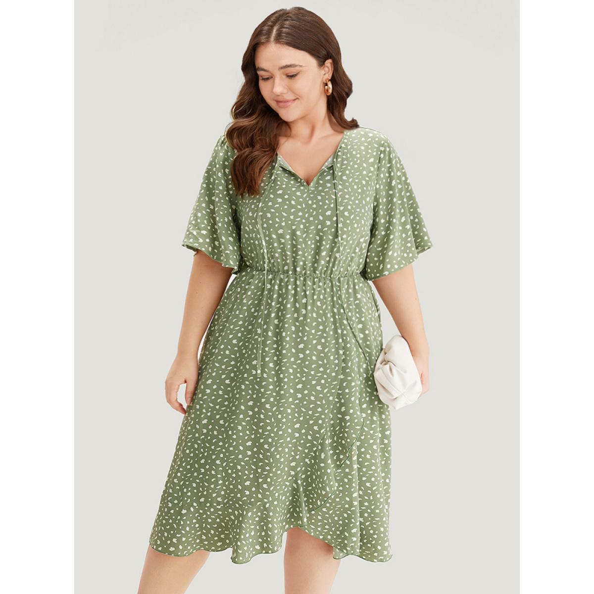 Plus Size Leopard Print Pocket Knot Neck Flutter Trim Dress Sage Women Office Cross straps Notched collar Short sleeve Curvy Midi Dress BloomChic 18-20/2X Product Image
