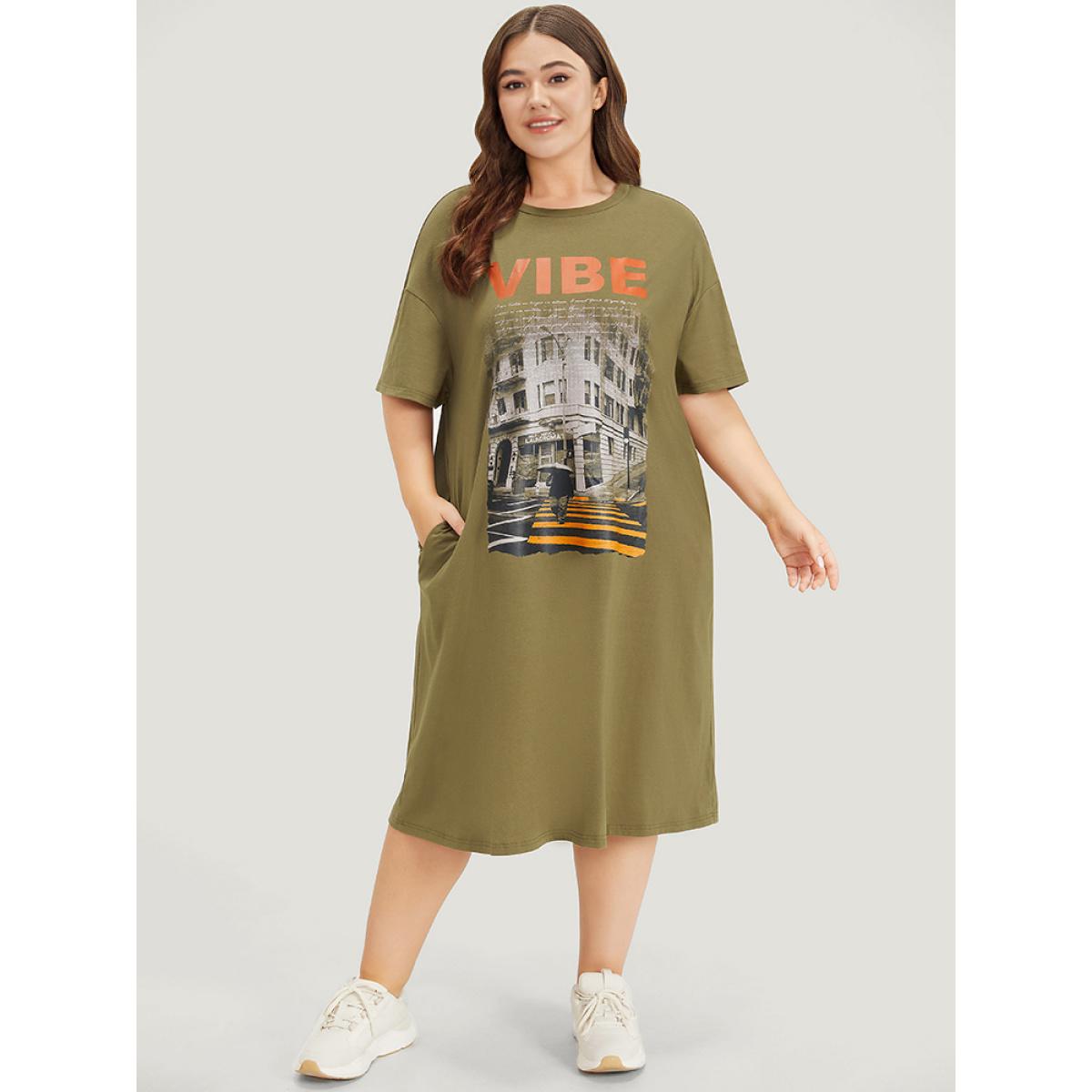Plus Size Letter & Graphic Print Pocket Crew Neck Dress ArmyGreen Women Casual Plain Curvy Midi Dress BloomChic 12/L Product Image
