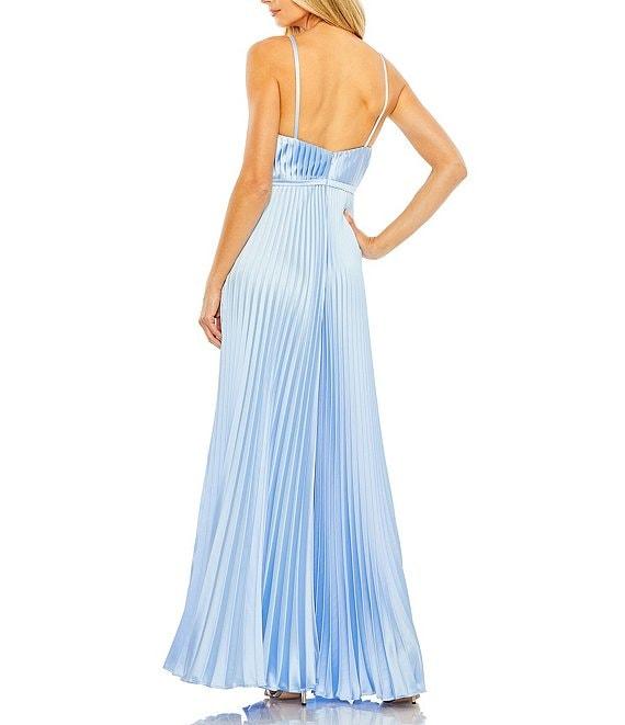 Mac Duggal Pleated Deep V-Neck Spaghetti Strap Sleeveless Wide Leg Jumpsuit Product Image