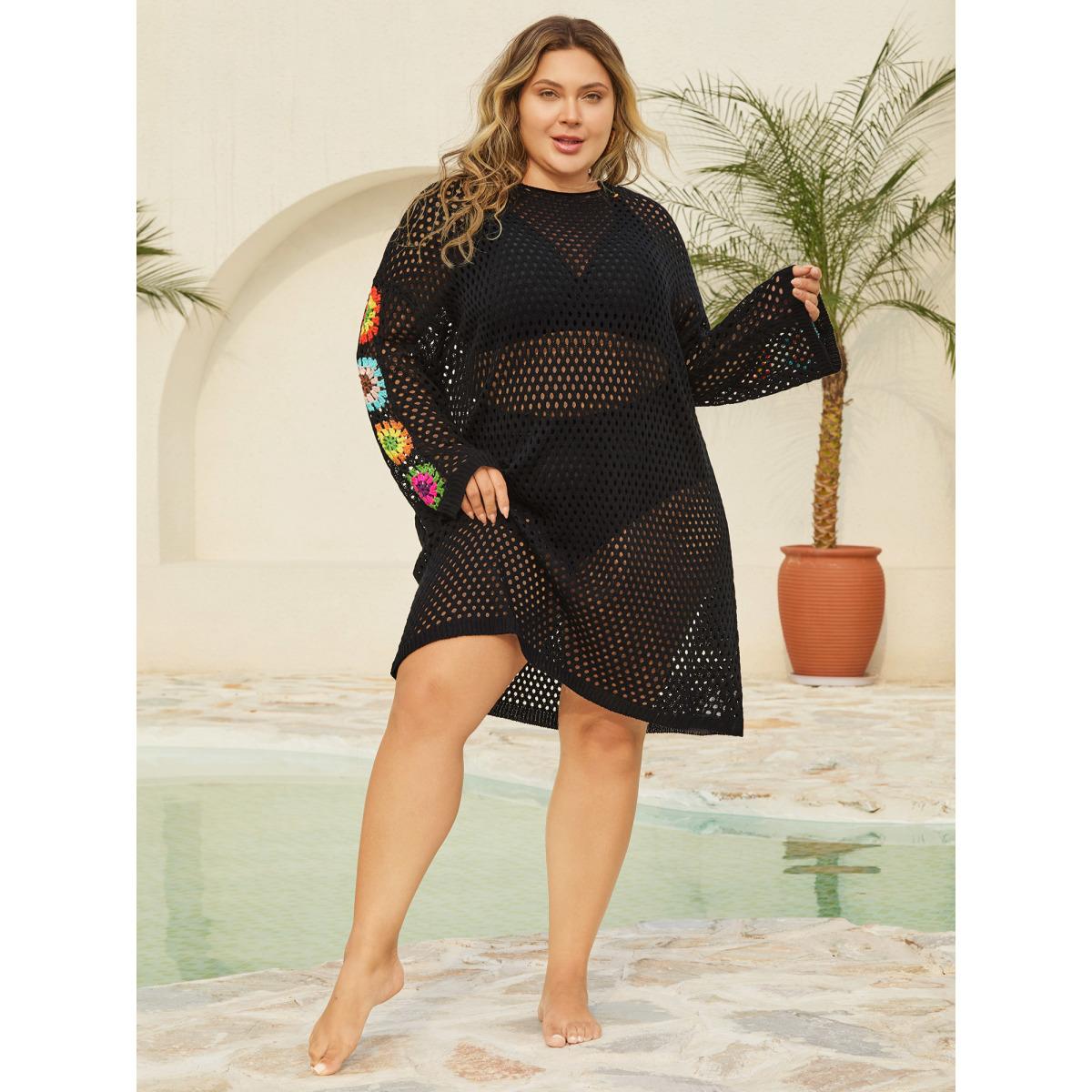 Plus Size Crochet Shoulder Flower Cut-Out Swim Cover-Up Women's Swimwear Black Beach Loose Cut-Out Curve Swim Cover Ups BloomChic 10/M Product Image