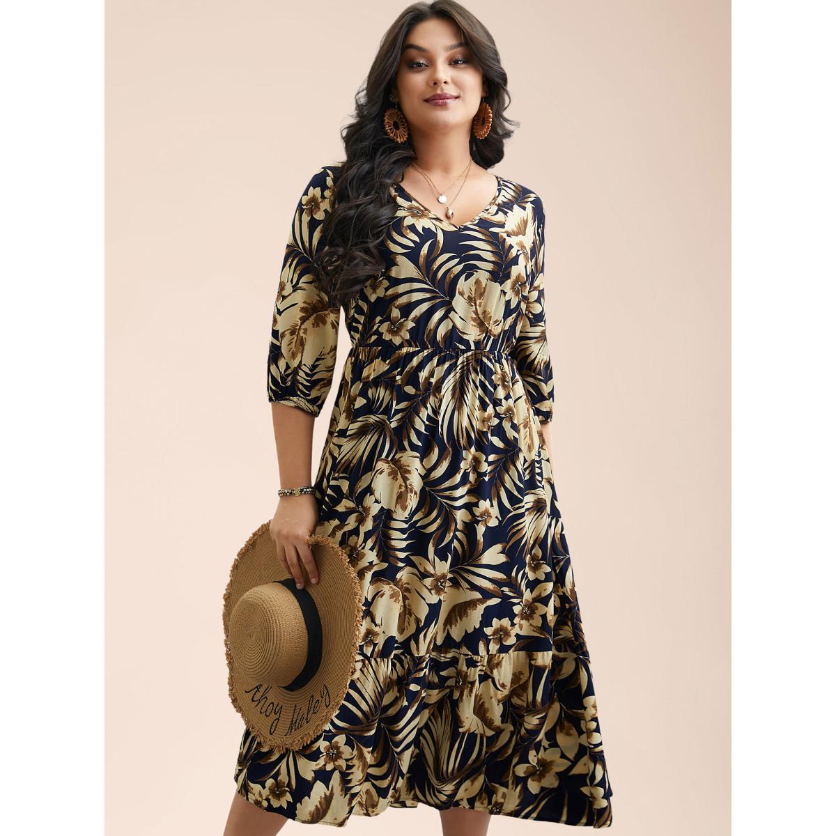 Plus Size Tropical Print Stretchy-Waist Pockets Midi Dress DarkBlue Women Resort Non V-neck Elbow-length sleeve Curvy BloomChic 10/M Product Image