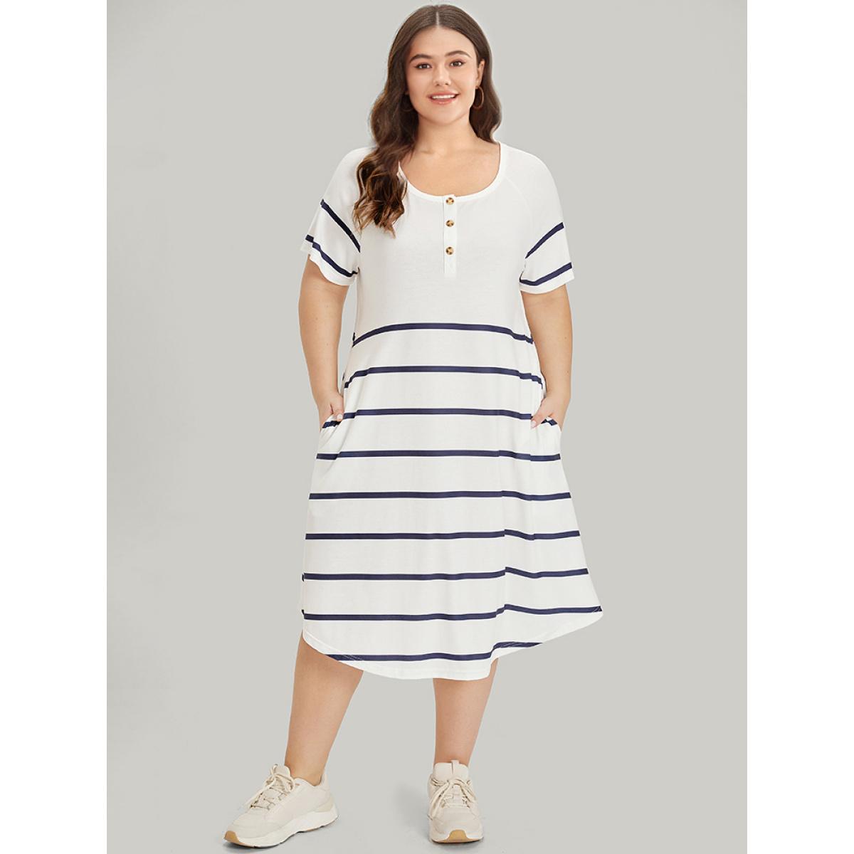 Plus Size Striped Button Through Pocket Raglan Sleeve Dress White Women Casual Contrast Round Neck Short sleeve Curvy Midi Dress BloomChic 28/5X Product Image