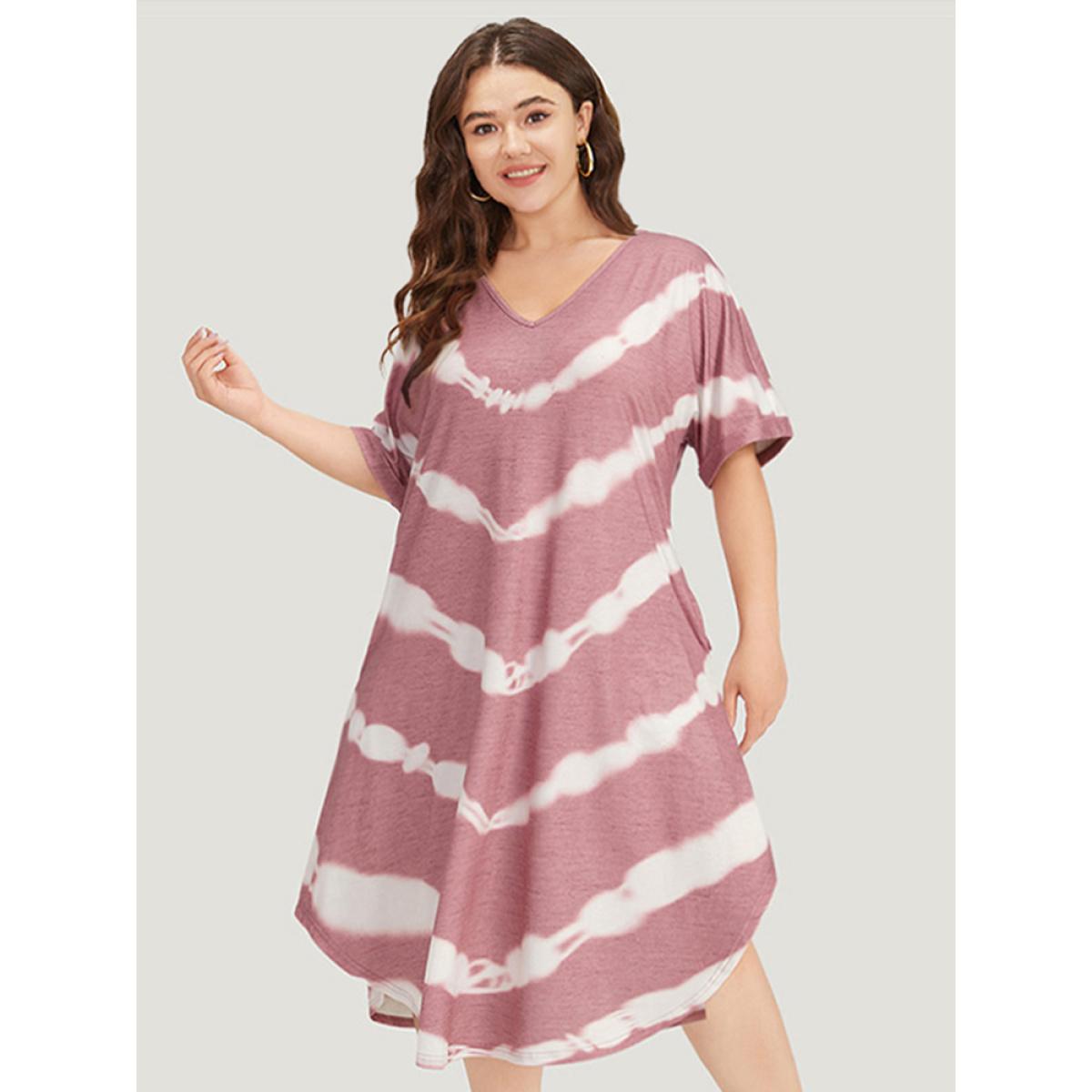 Plus Size Tie Dye Striped Two Tone V Neck Pocket Dress DustyPink Women Casual Tie Dye V-neck Short sleeve Curvy Midi Dress BloomChic 12/L Product Image
