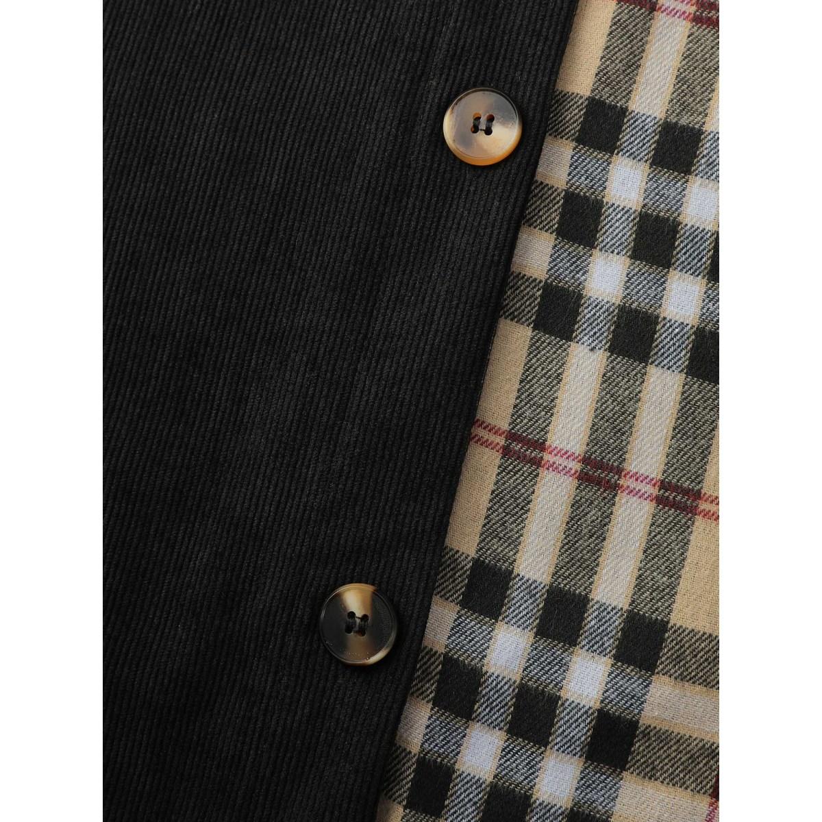 Plus Size Corduroy Plaid Print Contrast Jacket Women Black Texture Patch pocket Casual Jackets BloomChic 26/4X Product Image