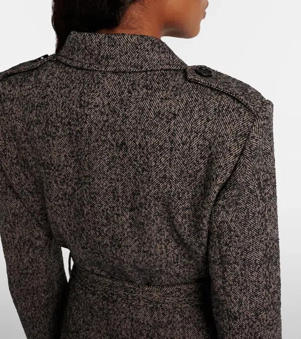 CHLOÉ Belted Herringbone Wool-blend Jacket In Brown Product Image