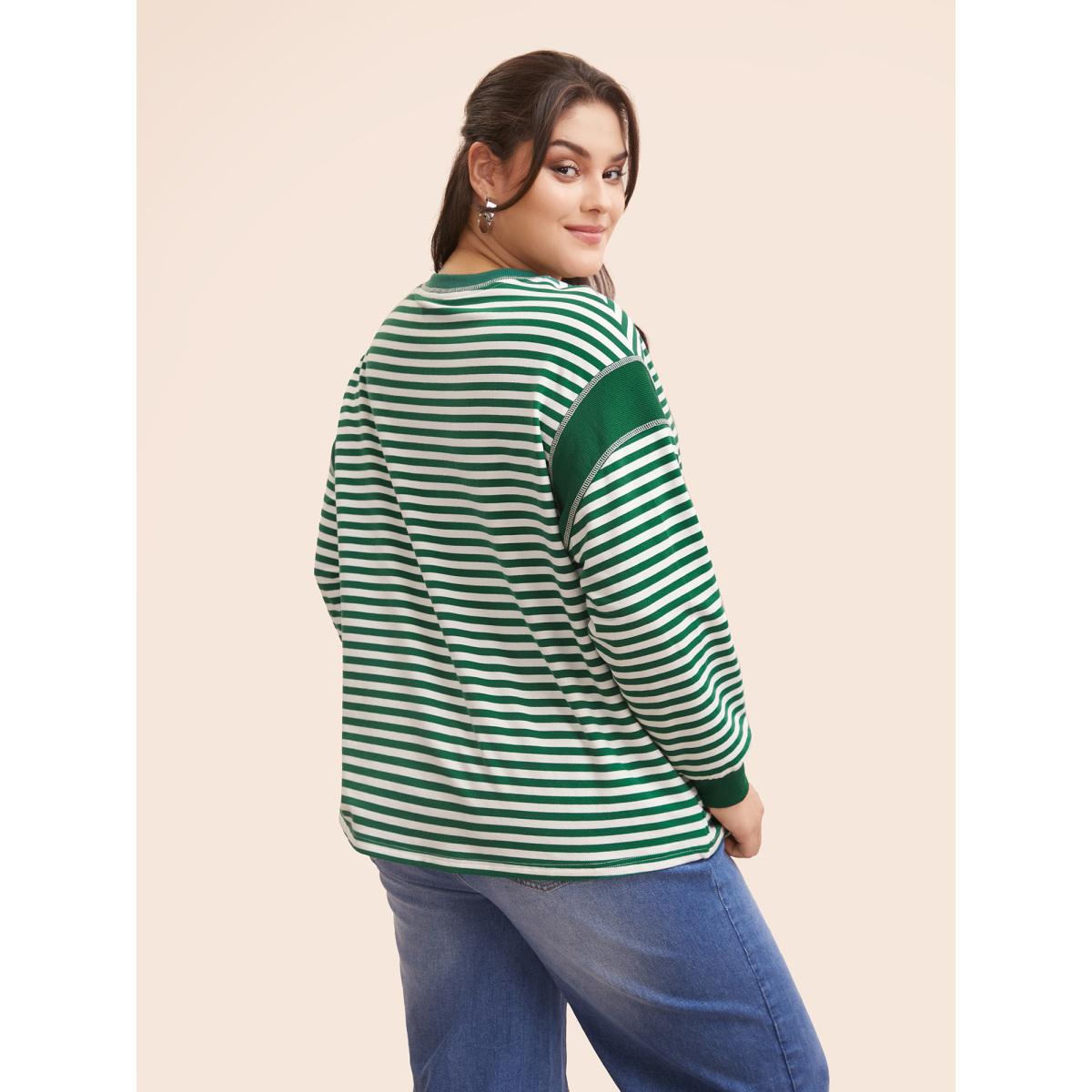 Plus Size Round Neck Striped Patchwork Stitch Sweatshirt Women Truegreen Casual Contrast Loose Round Neck Everyday Sweatshirts BloomChic 26/4X Product Image