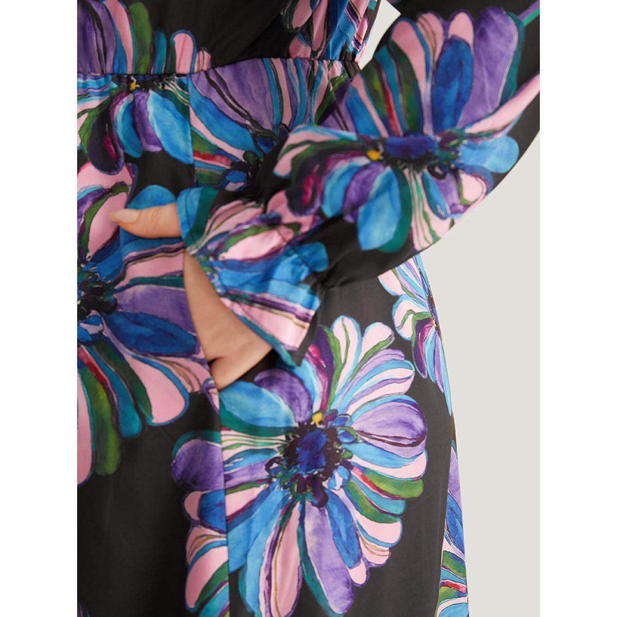 Plus Size Floral Print Flutter Trim Dress Black Women Office Printed V-neck Long Sleeve Curvy Midi Dress BloomChic 22-24/3X Product Image