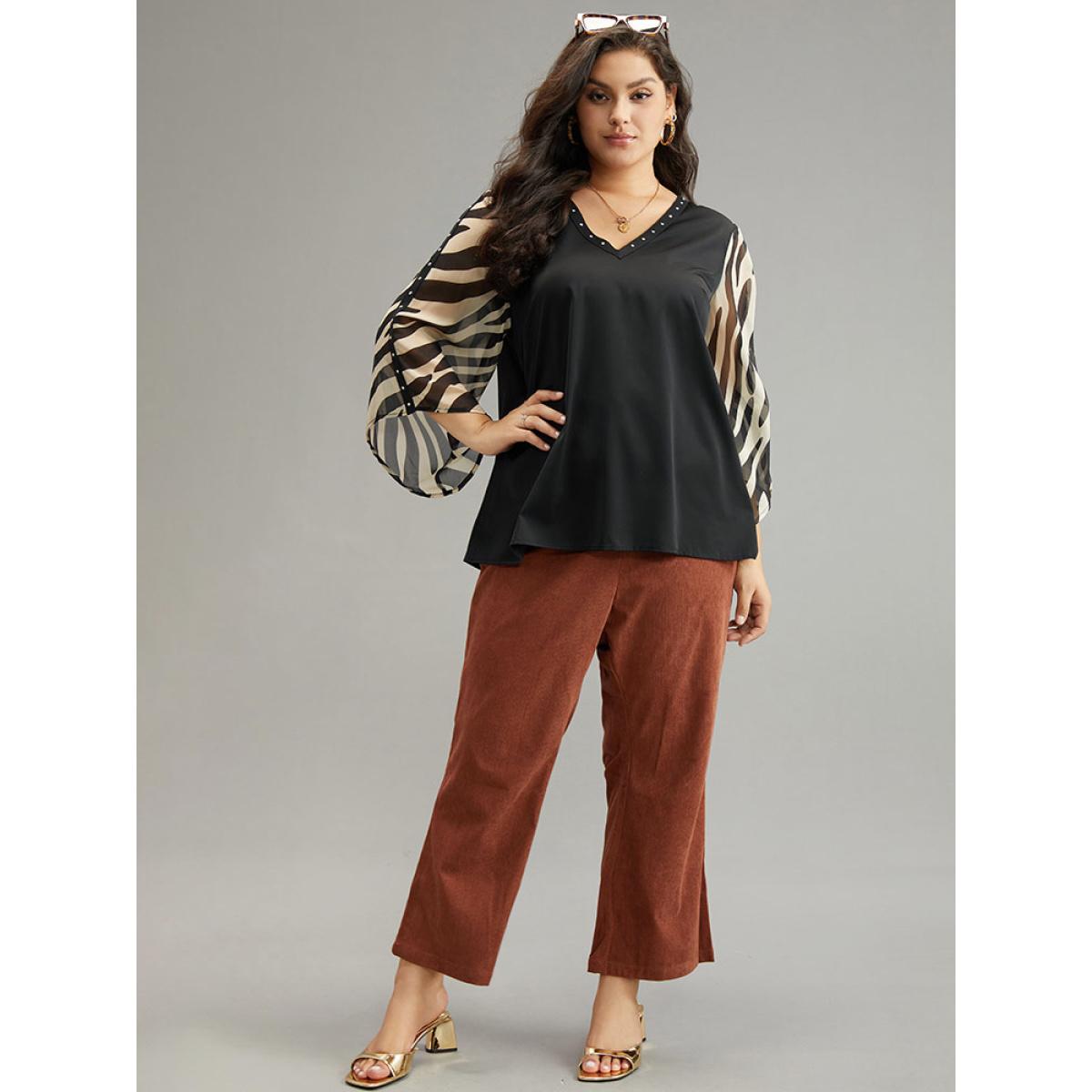 Plus Size Black Zebra Print Chiffon Patchwork Pearl Beaded Blouse Women Elegant Elbow-length sleeve V-neck Dailywear Blouses BloomChic 12/L Product Image