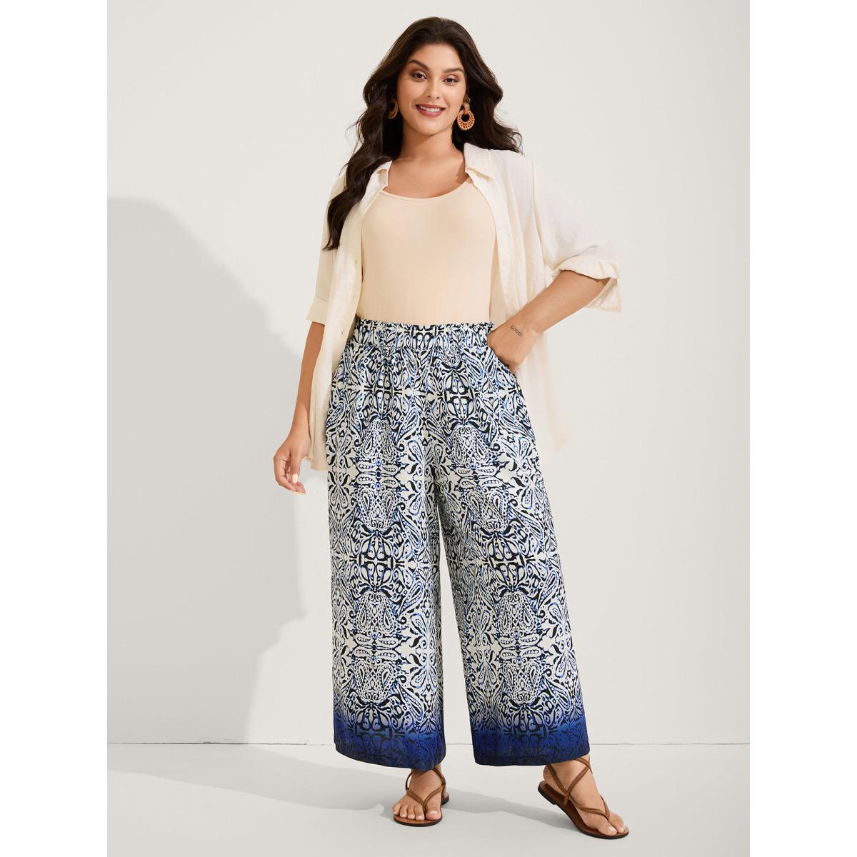 Plus Size Abstract Floral Print Shirred Wide-Leg Pants Women Indigo Resort Wide Leg Mid Rise Vacation Pants BloomChic 26/4X Product Image