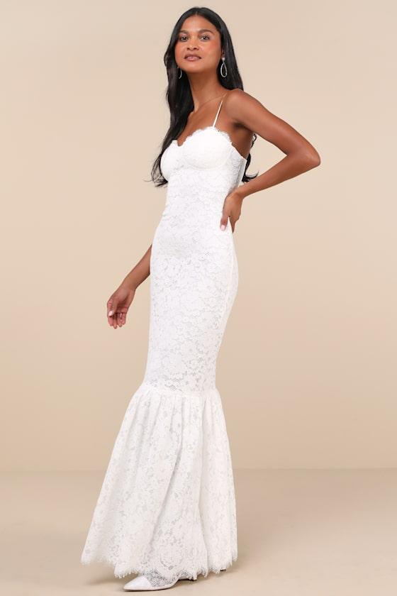 Instinctively Stunning White Lace Bustier Trumpet Maxi Dress Product Image