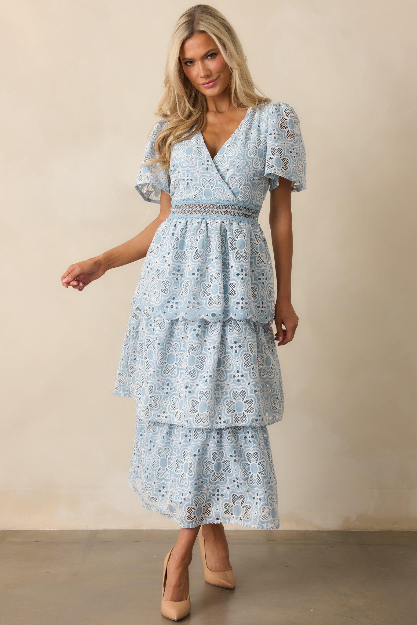 Attending A Gala Blue Floral Embroidered Maxi Dress Product Image