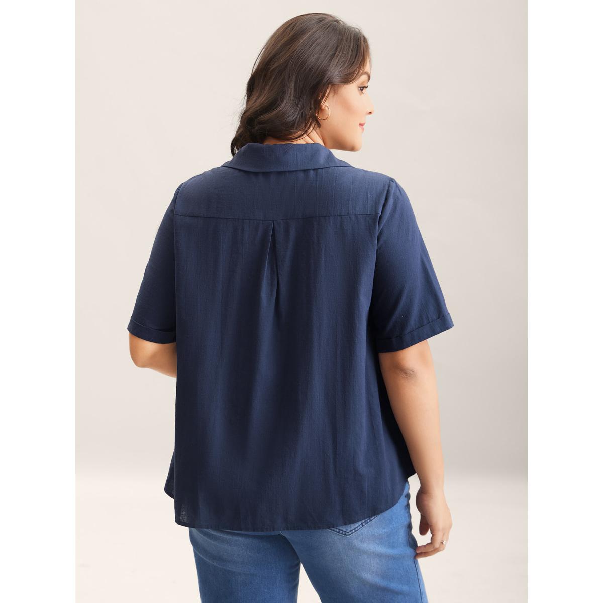 Plus Size Indigo Cotton Collar Button Placket Blouse Women Leisure Half Sleeve Shirt collar Casual Blouses BloomChic 18-20/2X Product Image