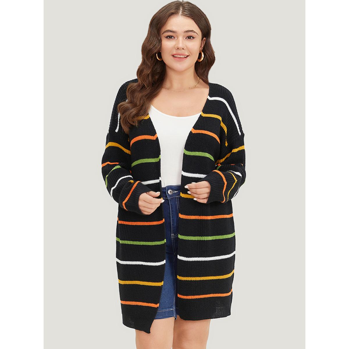 Plus Size Contrast Striped Open Front Loose Cardigan Black Women Casual Loose Long Sleeve Dailywear Cardigans BloomChic 18-20/2X Product Image