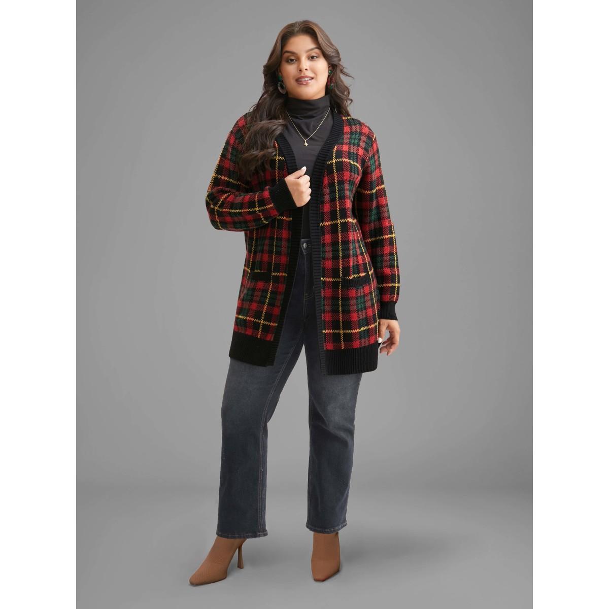 Plus Size Holiday Plaid V-neck Open Cardigan Black Women Casual Loose Long Sleeve Everyday Cardigans BloomChic 18-20/2X Product Image