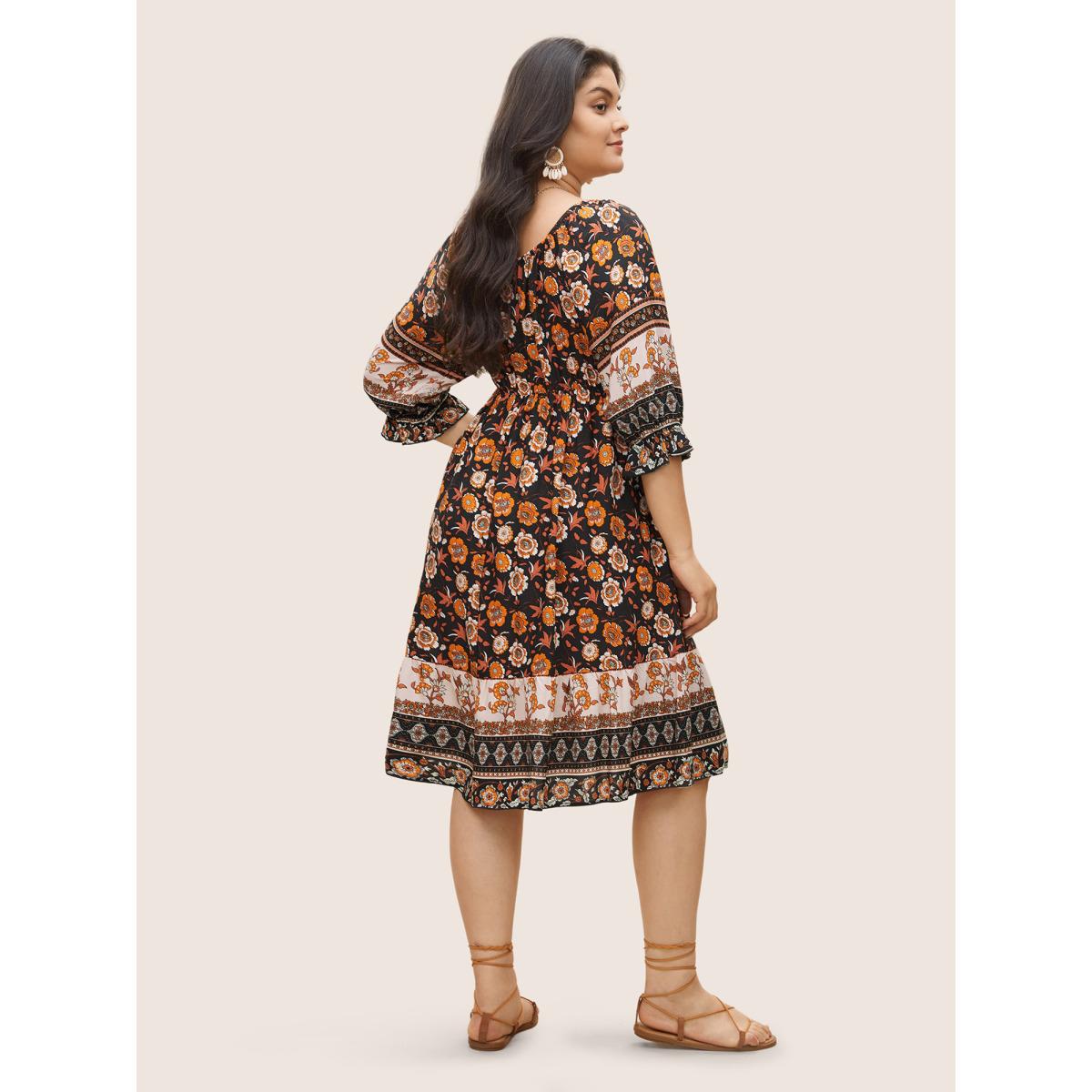 Plus Size Bandana Print Square Neck Pocket Ruffle Sleeve Dress Black Women Resort Non Square Neck Elbow-length sleeve Curvy Midi Dress BloomChic 14-16/1X Product Image