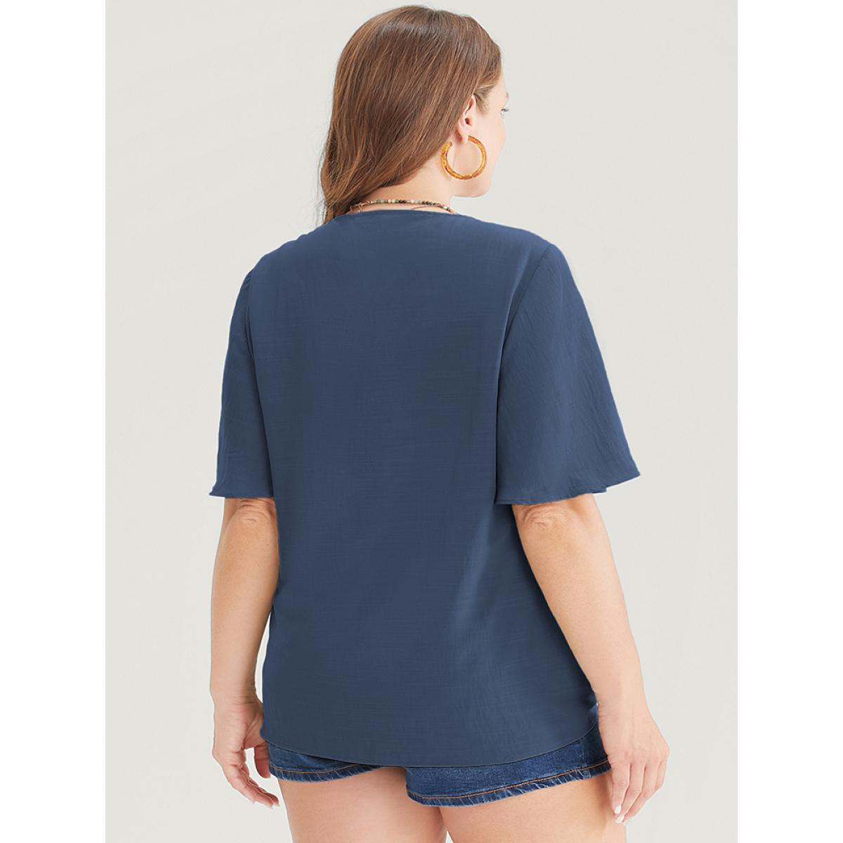 Plus Size Indigo Plain Ruffle Sleeve Knot Front Button Detail Blouse Women Casual Short sleeve V-neck Dailywear Blouses BloomChic 12/L Product Image